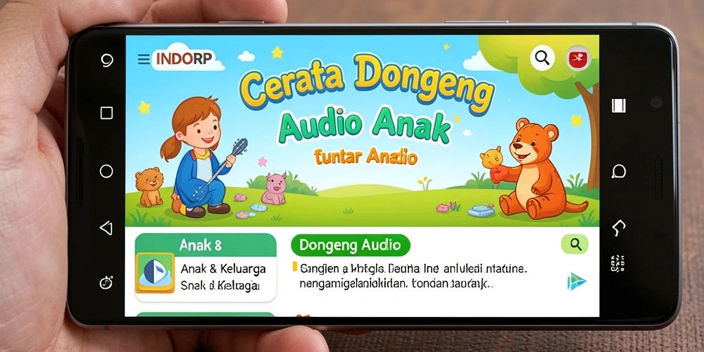Tampilan antarmuka aplikasi INDORP yang ramah anak untuk menikmati dongeng audio.